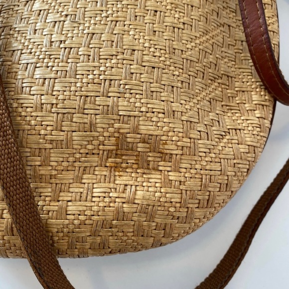 Vintage 80s Woven Straw Leather Trimmed Shoulderbag Brown Tan Double Straps - Picture 9 of 15